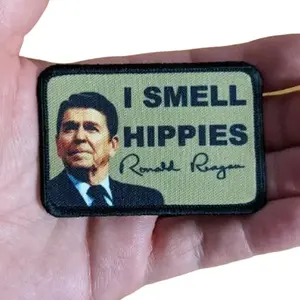 I smell hippies Ronald Reagan joke 2"x3" morale patch with hook and loop backing