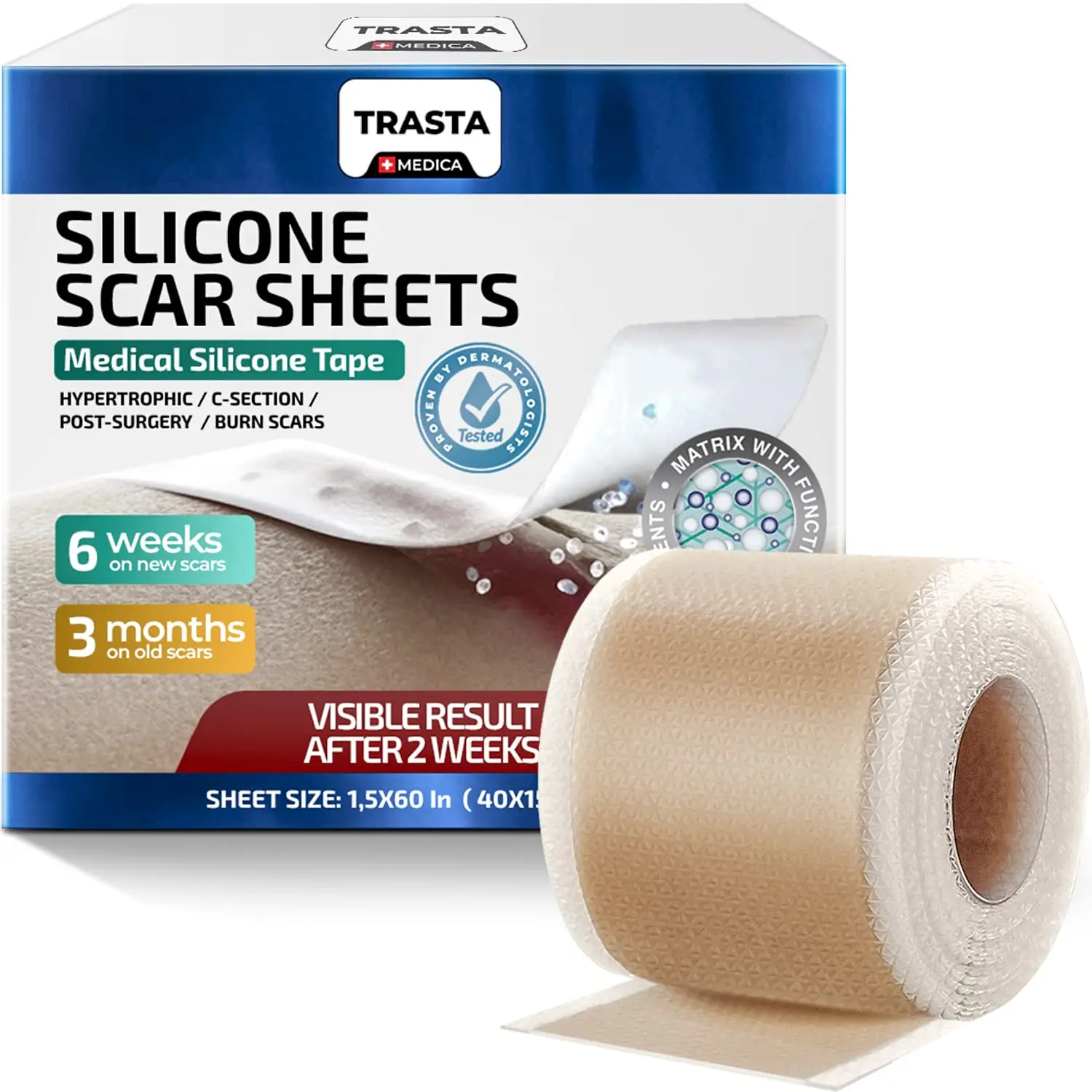 Silicone Scar Sheets – Silicone Scar Tape for Scar Treatment, Reusable Scar Removal Sheets – (1.6"x60"), Silicone Scar Bandages for Burns, Surgery, Keloid, Acne, Tummy Tuck, C-Section
