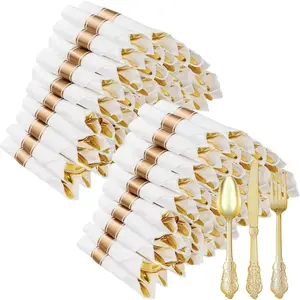 100 Pack  Plastic Silverware with Pre Rolled Napkins for 100 Guests, Heavyweight  Disposable Utensils Sets Includes 300 Plastic Cutlery, and 100 Napkins for Party & Wedding