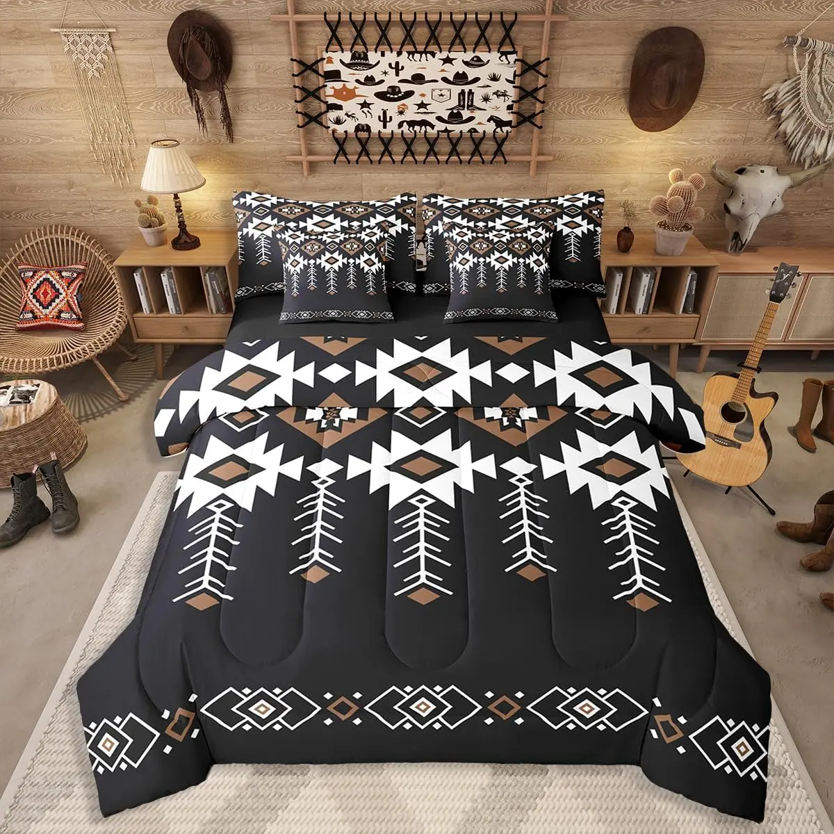 Feelyou 7-Piece Western Aztec Tribal Quilt Bedspread Set - Ultra-Soft Breathable Microfiber Luxe Boho Geometric Comforter Bed-in-A-Bag, Ethnic Design for Teens, Full, Queen & Multi-Size Options, Machine Washable