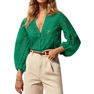 Imily Bela Womens Deep V Neck Eyelet Blouses Tops Dressy Casual 3/4 Balloon Sleeve Cotton Button Down Shirts