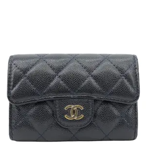 Pre-owned CHANEL Leather Wallet Classic Flap Quilted Caviar Card Holder Black