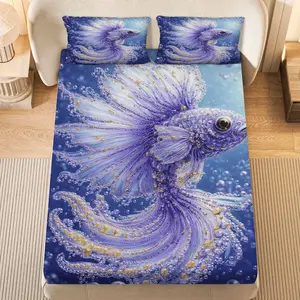 3Pcs Ocean Betta Fish Art Fitted Sheet Three Piece Set (1*Fitted Sheet+2*Pillowcases, Coreless), Marine theme, Underwater Bubble Bedding Set, Mattress protector Soft, Breathable