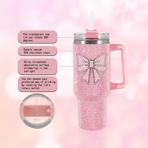 1pc 40oz/30oz Stainless Steel Car Tumbler, With Rhinestones Shiny Insulated Cup, With Handle And Straw, Suitable For Car, Travel, Birthday Gift, New Year Gift For Friends, Valentine's Day Gift