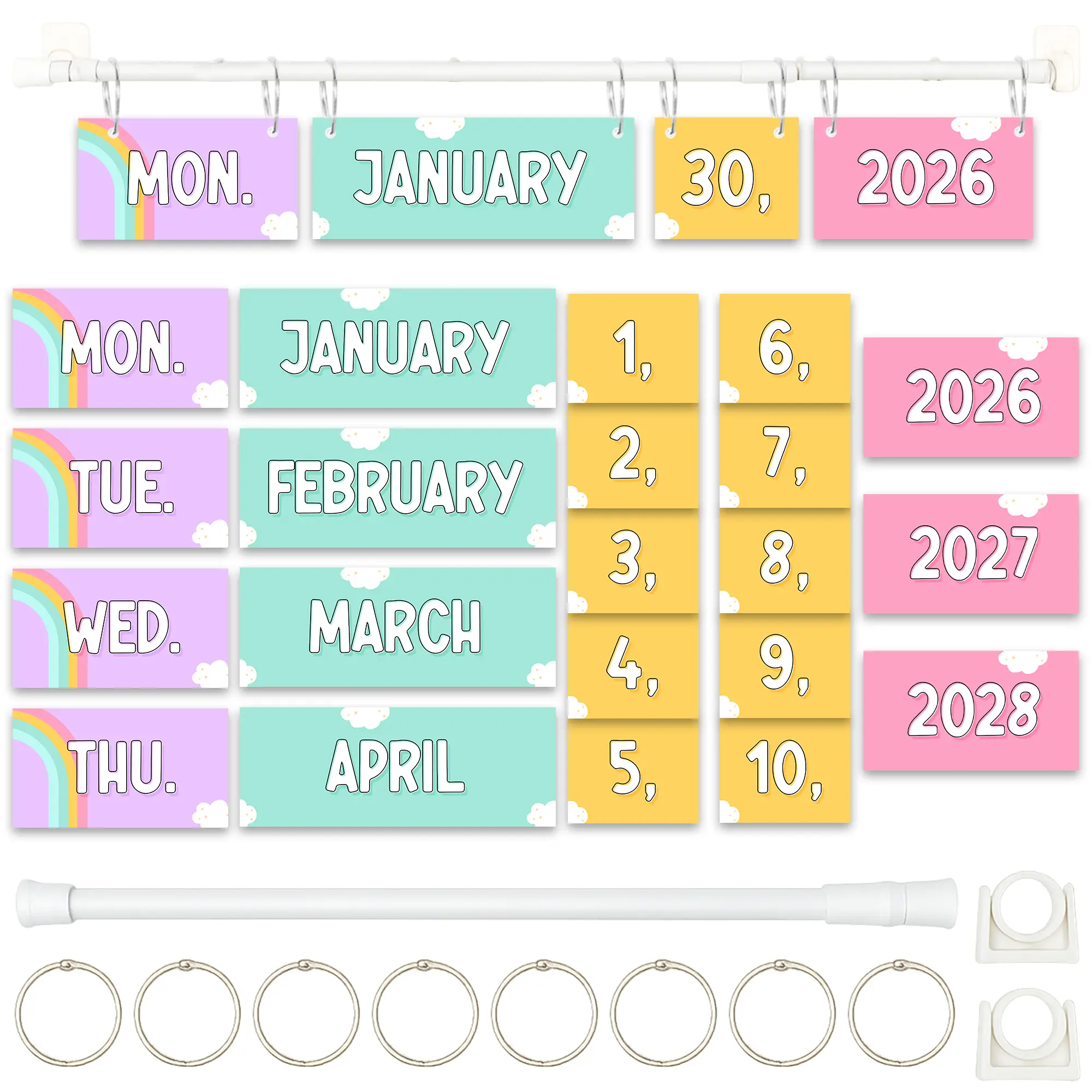 BrightenKidz Bright Pastel Flip Calendar - Rainbow Boho Classroom Calendar Time Set, 2026-2028, 53 Date Cards, 15.7"-27.6" Adjustable Rod, 8 O-rings, Mounting Hooks, Easy Setup, Ideal for Teachers, Hands-On Interaction, Daily Routines Wall Decor, Homescho