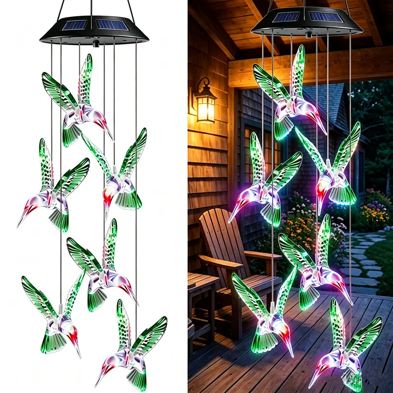 Solar-Powered LED Color-Changing Green Hummingbird Chime Light - Waterproof Outdoor Pendant, Durable Garden Decor, LED Lights for Yard, Thoughtful Gift Idea