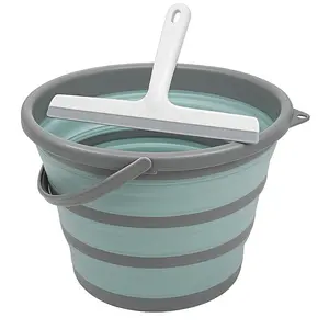 Collapsible Bucket with Handle, 10L 2.6 Gallon Foldable Water Pail for Household Outdoor Camping Beach Car Washing, Space Saving Portable Storage Tub. Includes Squeegee.