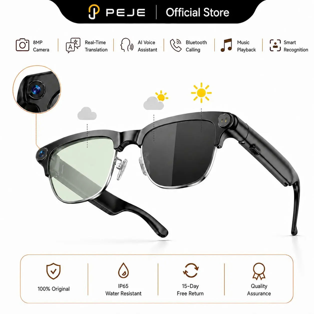 PEJE 8MP AI Camera Glasses, Half-Frame Photochromic Smart Glasses with ChatGPT, Real-Time Translation in 160+ Languages, Hands-Free Photo and HD Video Recording, Bluetooth Calls and Music