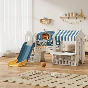 Seeutek 10 in 1 Toddler Slide with Basketball Hoop, Outdoor Slide for Toddlers with Playhouse, Indoor Toddler Playset with Afternoon Tea Toy Set