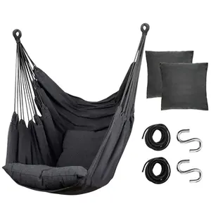 Hammock Chair Hanging Rope Swing, Max 300 Lbs, 2 Cushions Included, Macrame Hanging Chair, Cotton Weave for Superior Comfort, Durability (Dark Grey)