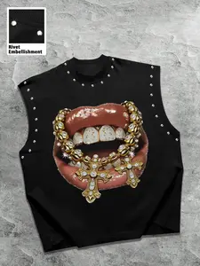 Men's Summer Comfortable Hip-Hop Streetwear Street Sleeveless Crewneck Vest, Noissey Gem Lip Graphic, Rivet Decoration, Casual Party Style, Long Fitted H-Type