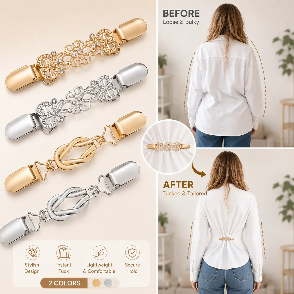 4pcs Vintage-Inspired Waist Cincher Clips for Women - Adjustable Metal Brooches for Dresses, Shirts, Shawls & Sweaters - Secure Hold, No-Slip Design, All-Season Use, Zinc Alloy, Perfect for Casual Attire, Dress Cincher Clips - MM2