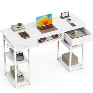 Computer Desk 48 Inch Home Office Bedroom Writing Study PC Table with Fabric Drawers Storage Shelves Space Side Bag Headphone Hook Metal Frame Adjustable Feet Modern Simple Style