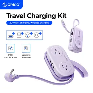 ORICO Travel Charging Kit includes portable power strip and capsule power bank. 4AC 2USB 1Type-C, 20W fast charging, wireless charging. Charges 4 devices at the same time. Compact, portable and safe for travel, hotel and office use--AP3-4A+S18