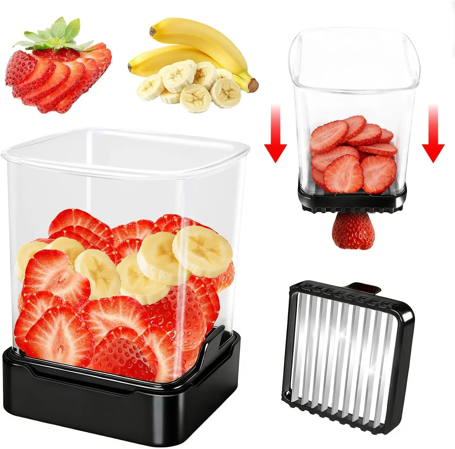 Fruit Slicer Cup for Strawberry, Banana, Hard-Boiled Egg - Detachable Cutter with Push Plate - 304 Stainless Steel Blade - Rapid & Safe Slicing Kitchen Gadget for Quick Meal Prep (Black)