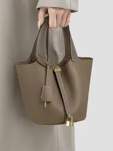 Women's Fashion Plain Leather Bucket Bag, Casual All Seasons Handbag, Versatile Mommy Bag, Large Capacity 18cm, Fashionable Bucket Bag