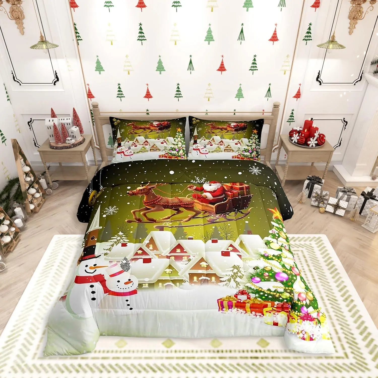 Christmas Comforter Set,Xmas Tree Snowman Quilt Setsanta Claus with Deer Bedding Set for Kids Boys Girls Room Decor New Year Theme Duvet Insert