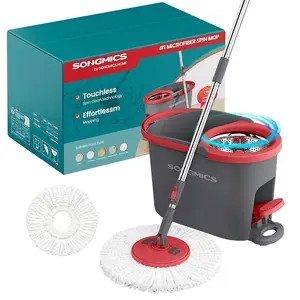 SONGMICS Spin Mop and Bucket Set with Pedal Wringer, Floor Cleaning Mop, Adjustable Telescopic Handle, Max. 59.1-Inch Length, 360° Rotating Head