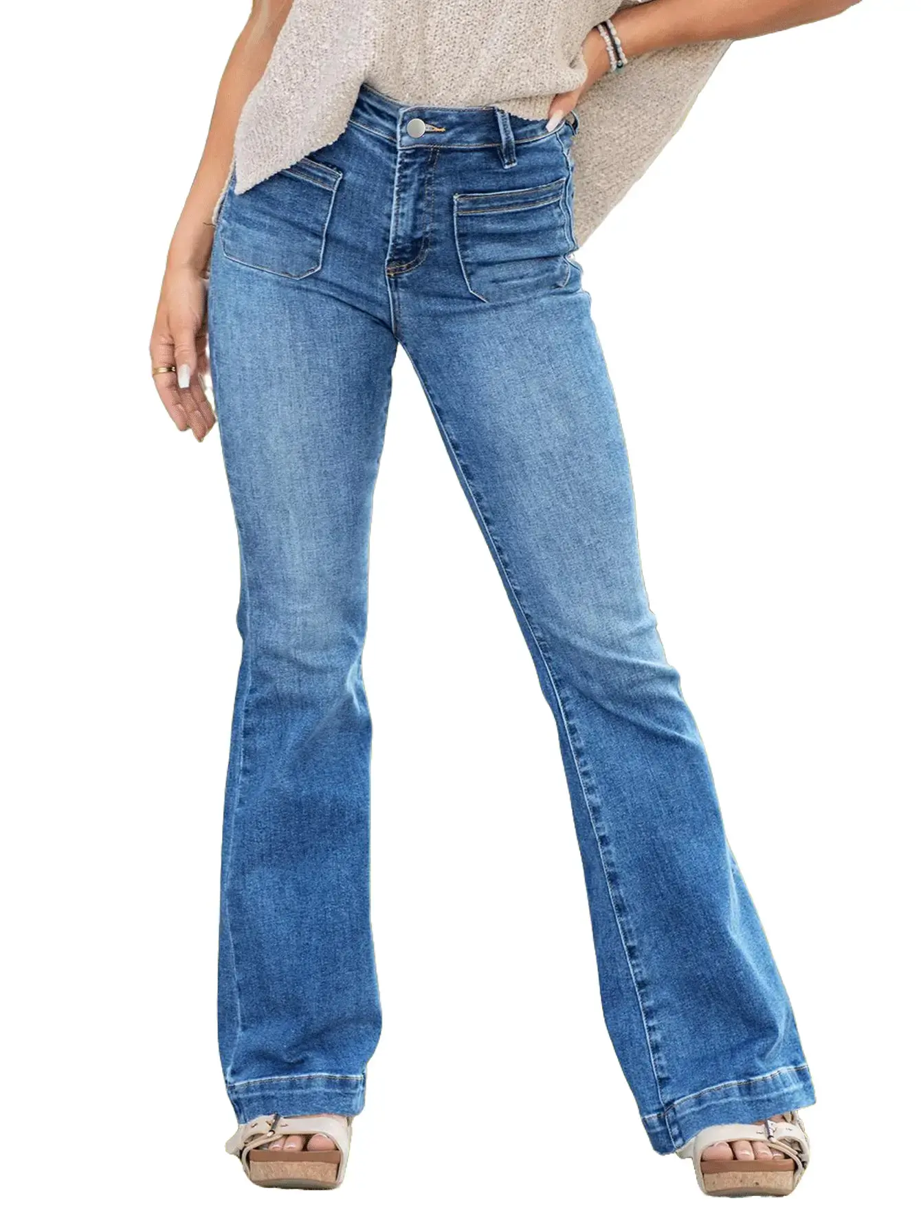 Women's High Waist Flare Jeans - Vintage Washed, Front Patch Pockets, Stretch Slim Fit, Retro Denim Bootcut Pants for Streetwear - Linen-Cotton Fabric, Lightweight Casual Bottoms