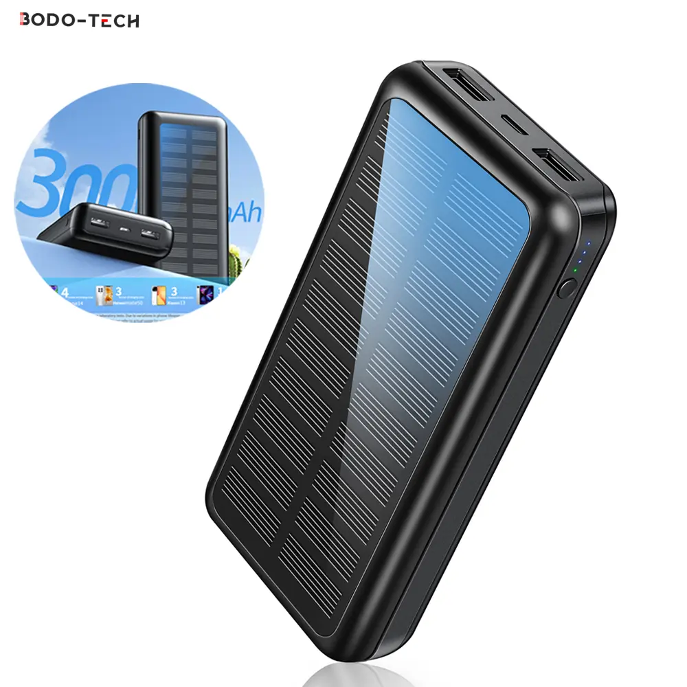 Bodo-Tech 30000mAh Solar power bank，Compact Power Bank with USB-A USB-C Micro Ports External Battery Pack for Mobile Phone Tablets Phone Accessories Travel Gadgets campingessentials