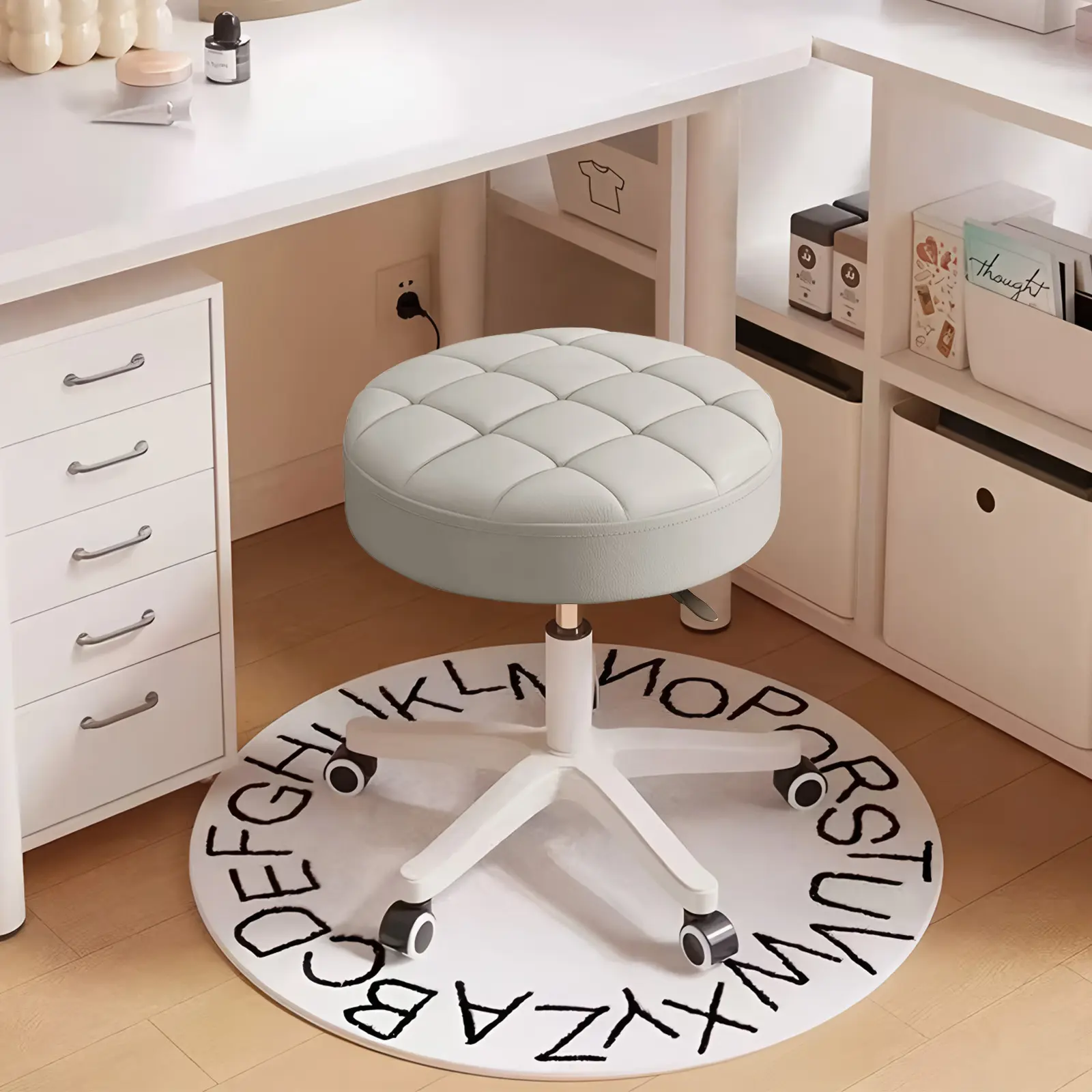 【Summer Sale】 PU Leather Round Rolling Stool with Wheels - Adjustable Height Seat, 360-Degree Spinning Swivel Chair for Home Office, SPA Salon Use