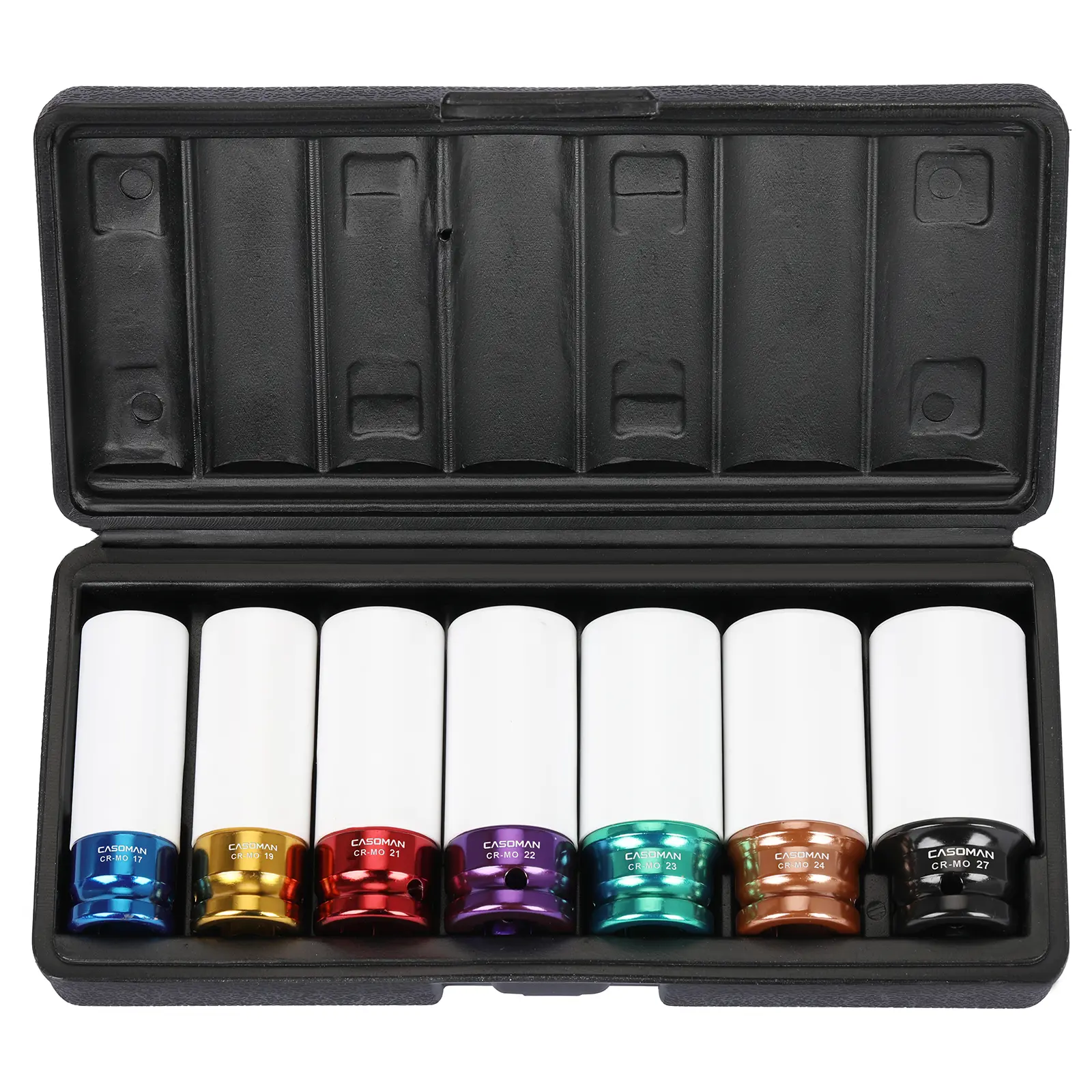 CASOMAN 1/2-Inch Drive CR-V Steel Impact Socket Tool Kit Set, 7-Piece Metric 6-Point Thin-Wall Wheel Protector with 360° Non-Scratch Nylon Sleeve (17mm,19mm,21mm,22mm,23mm,24mm,27mm), Hand Tools for Mechanics