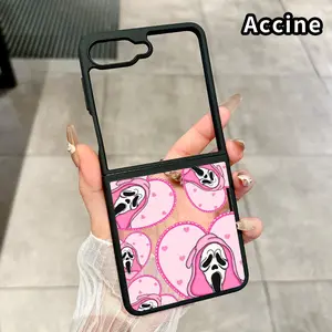 Pink Ghost Hearts Pattern Protective Case for Z Flip 7/6/5/4, Double Protection Transparent Silicone TPU Foldable Cover with Camera Lens Guard