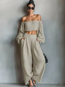 One-Shoulder Bubble Sleeve Short Top and Wide Leg Pants Set, Two-Piece Vacation Style Outfit, Fashionable and Comfortable Womenswear