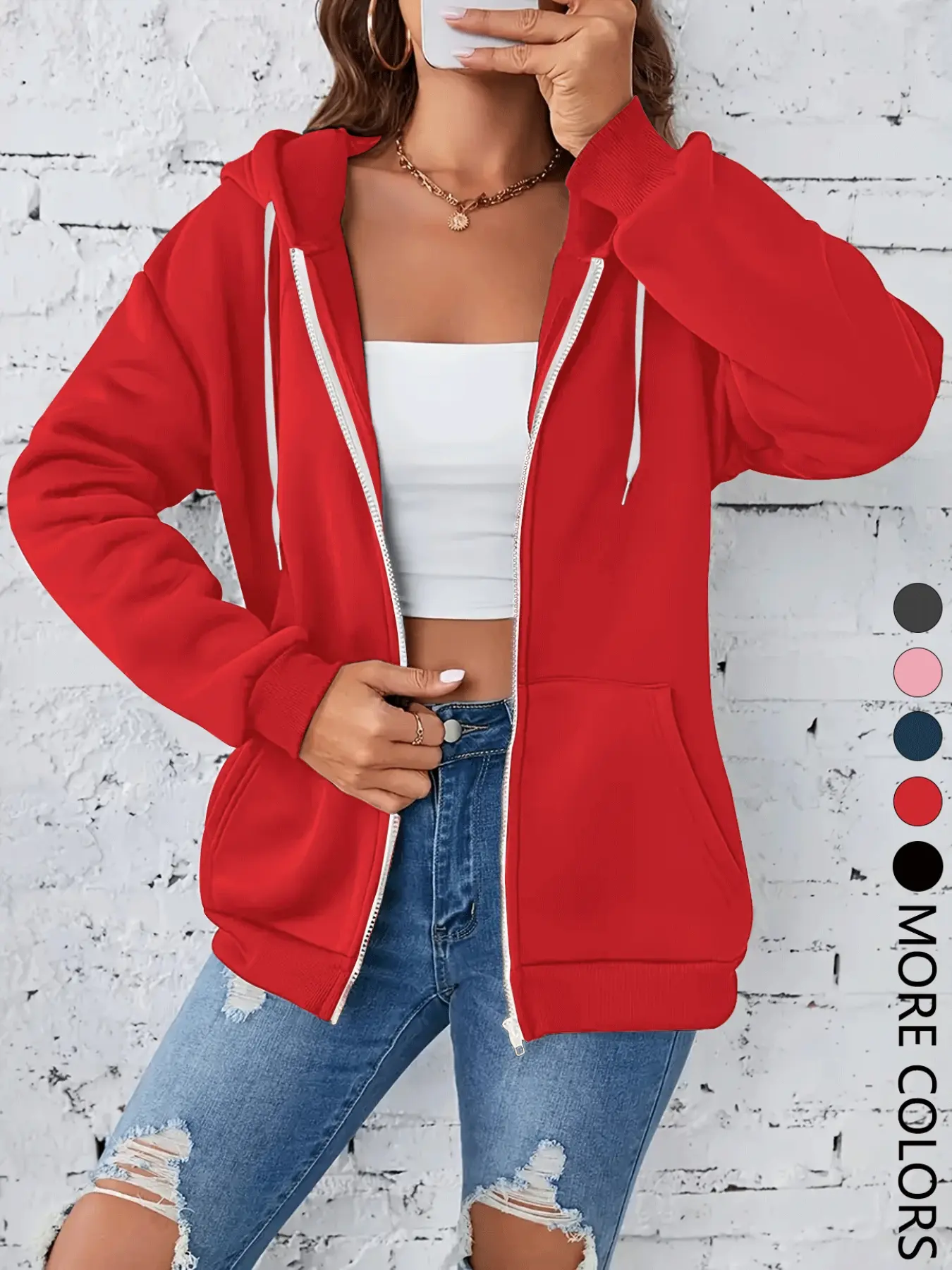 New Creative Simple Basic Solid Color Element Casual Versatile Fitted Long Sleeve Knit Zipper Cardigan, Fashion Lady Women's Hooded Casual Warm Sweatshirt, Womenswear, Multiple Colors Available