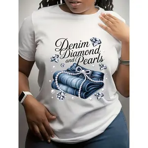 Women'S Denim Diamond Pearl Pattern Printed T-Shirt Fashion Trend Lightweight Workplace Top Skin-Friendly Fashionable Four Seasons Short Sleeve