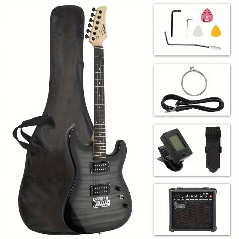 GST Tiger Stripe Electric Guitar Kit with H-H Pickups, 20W Amp, Carry Bag, Guitar Strap, Cool Black Finish - Gift Ideas for Music Lovers
