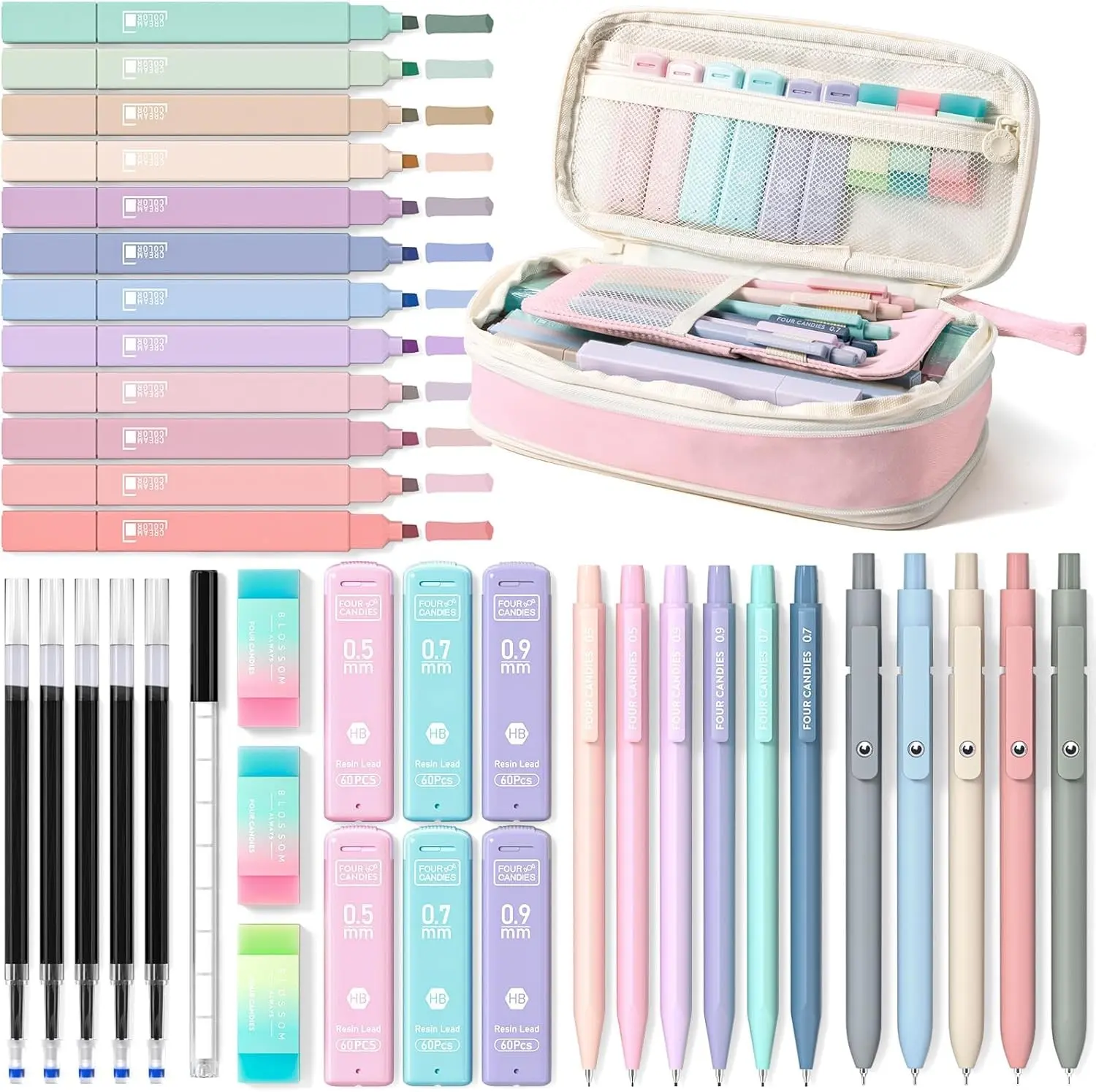 Four Candies School Supplies with Cute Pen Case, 39ct, Pink | Back to School Stationery Set, Essentials for College & Nursing Students, 5 Gel Pens, 6 Mechanical Pencils, 12 Highlighters Gift