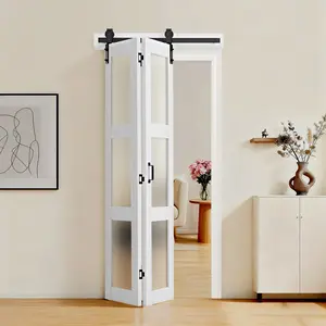VEVOR Bifold Barn Door, 36x 84, MDF with Tempered Glass Bi-Fold Sliding Closet Doors, Hardware Kit Included, Space-Saving Design, Pre-Assembled Panels for Bedroom, Living Room, Wardrobe, White
