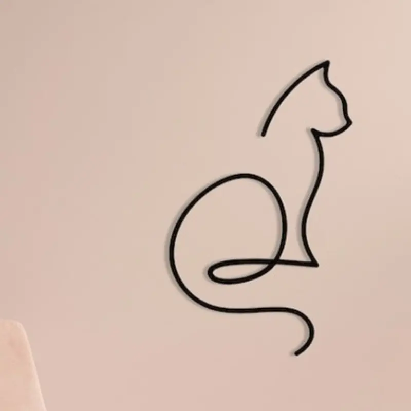 1 piece of Modern Minimalist Design Artistic black cat metal wall art - laser carved iron wire painting, elegant cat shaped contour, suitable for corridor, living room, and office decoration - including easy to install hardware