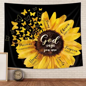 Black Yellow Sunflower Tapestry 51Hx59W Inch Bible Verse Quotes Girl Women Floral Butterfly Bedroom Wall Art Blooming Flower Rustic Country Nature Wall Hanging Living Room Dorm Decor Fabric