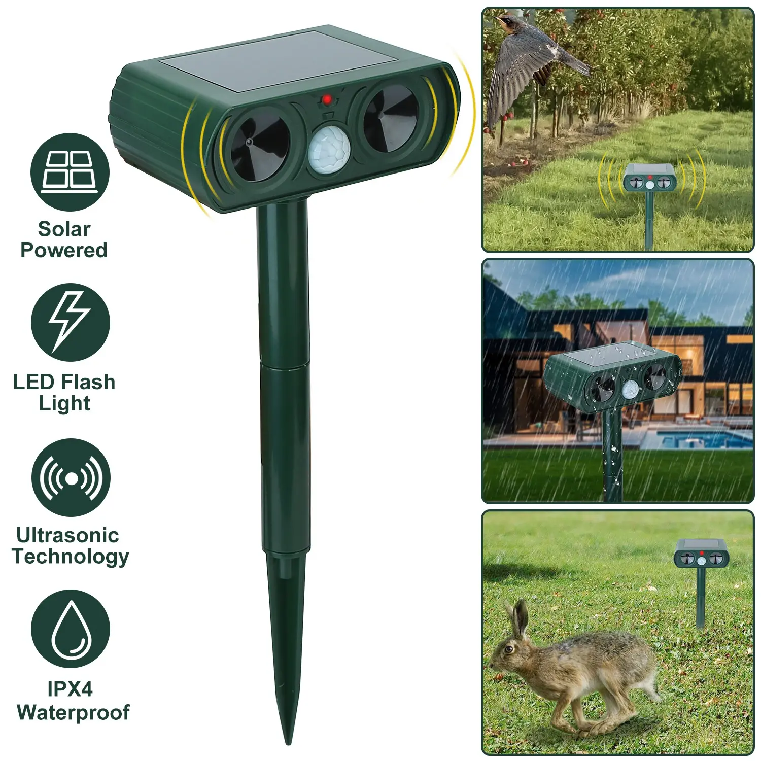 Lixada Compact Solar-Powered Ultrasonic Animal Repeller - Solar Outdoor Lights, Motion Sensor, Motion Alert, IPX4 Waterproof LED Flash, Ground or Wall Mount, Energy Savings, 2425 Sq. Ft. Coverage, Outdoor Pest Control for Farms, Repels Deer, Raccoon