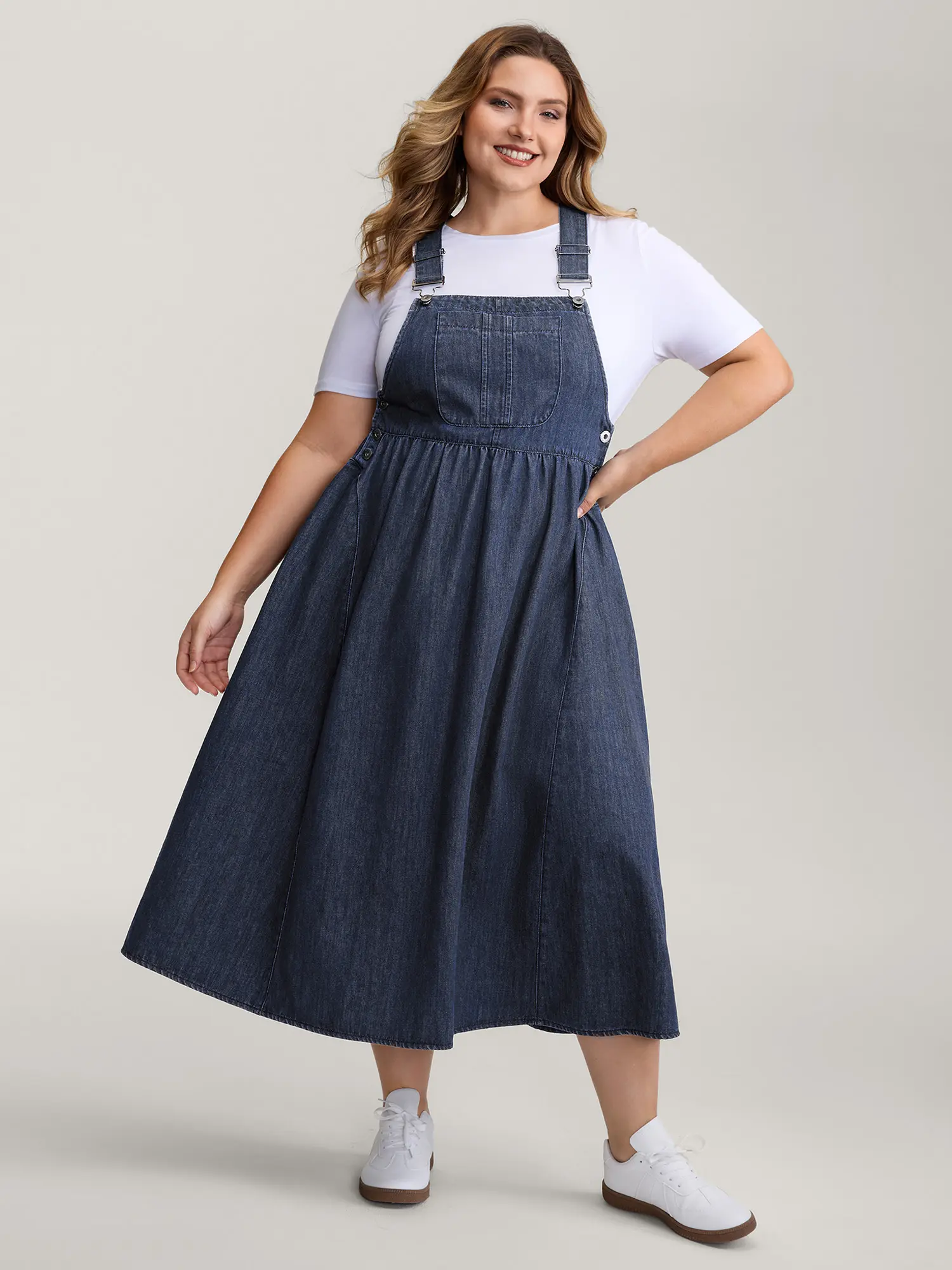 BLOOMCHIC Women’s Plus Size Basic Strappy Denim Overall - Adjustable Sleeveless Straps, 3 Pockets, Midi Length, Cotton-Polyester Fabric, Flat Fit, Casual Women's Clothes for Mom [M-6X] 2026 Summer Pick,Summerfinds,back to school,back to school shopping