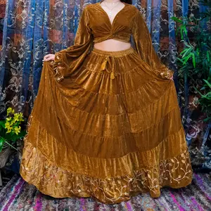 Boho Velvet Maxi Skirt Set with Embroidered Hem, Festival 2-Piece Outfit, Handmade Gypsy Skirt & Bell Sleeve Top, Cottagecore, Fairycore Ootd