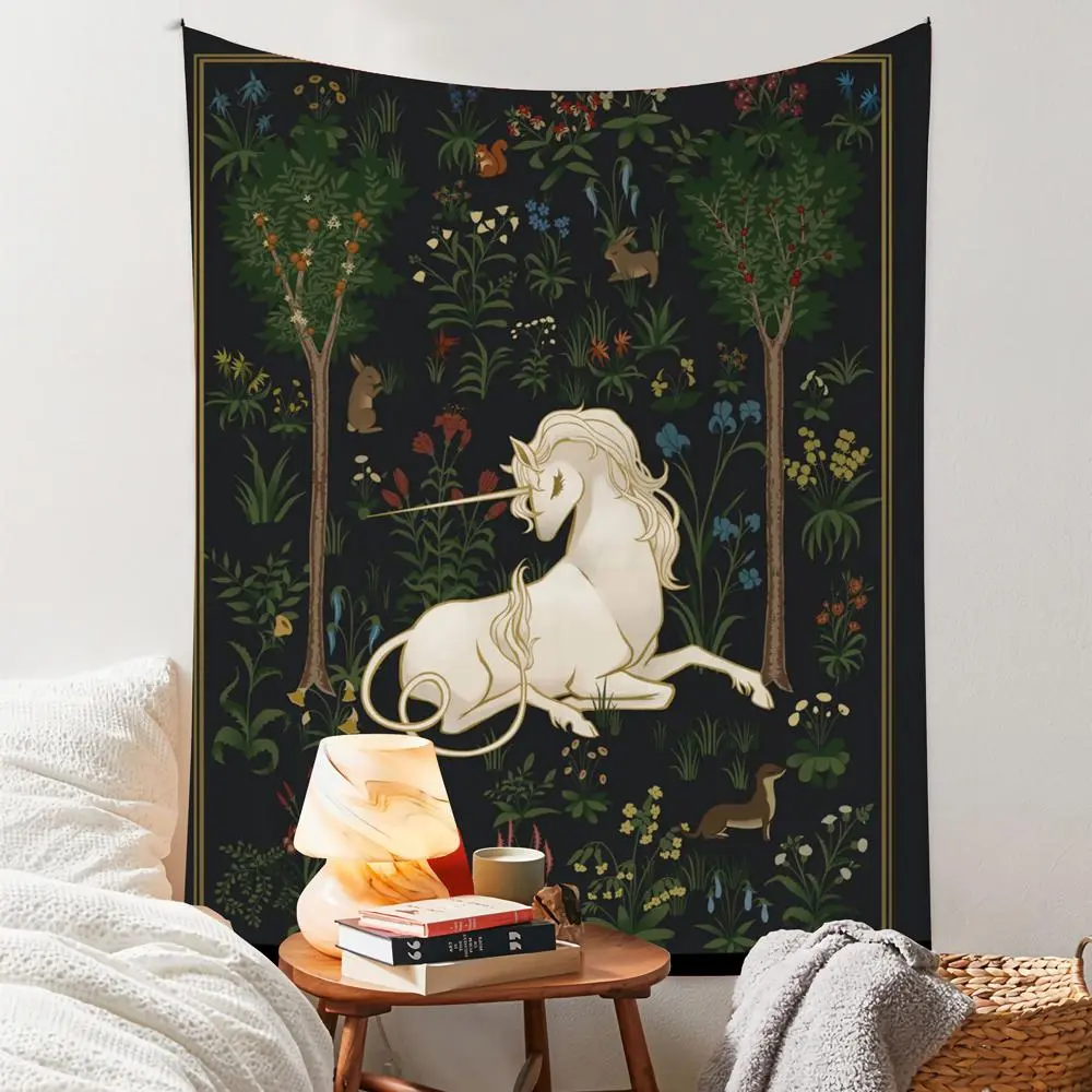 Synthetic Polyester Unicorn-Flower Print Tapestry - Machine-Washable Vintage Forest Garden Hanging Blanket, Indoor Decorative Wall Art, Living Room Decor, Bedroom Accessory