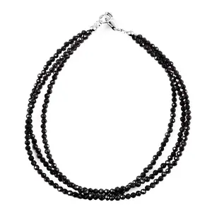 925 Sterling Silver Multi Strand Black Spinel Bead Diamond Cut Beaded Bracelet 7.5 Inches Ct 18 - Triple Layered Beaded Bracelets for Women Birthday Christmas Gifts for Women