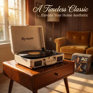 Myvision Rechargeable Vinyl Record Player - Retro Litchi Grain Suitcase Portable Turntable with 3-Speed Play, Bluetooth Sync, RCA Output, Stereo Speakers, CD Player, Cool Gadgets, Retro Home Decor, Mother's Day Gift