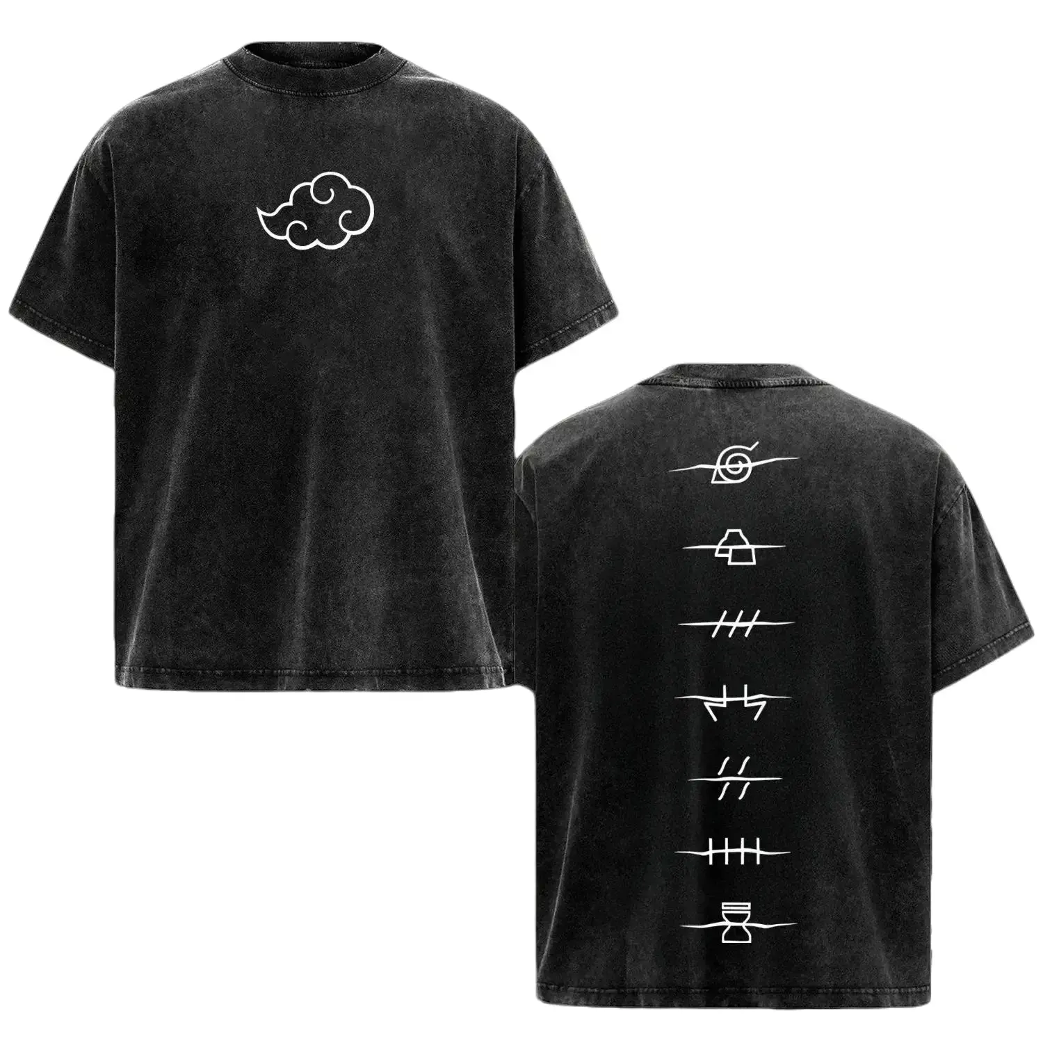 [KM 100%cotton]Unisex Naruto Anime Akatsuki Clan Logo Retro Washed Men’s Shirts, Oversize Heavyweight Cotton Short-Sleeve Round Neck Tshirt, High-Quality Vintage Streetwear Top for Naruto Fan Casual Wear funny