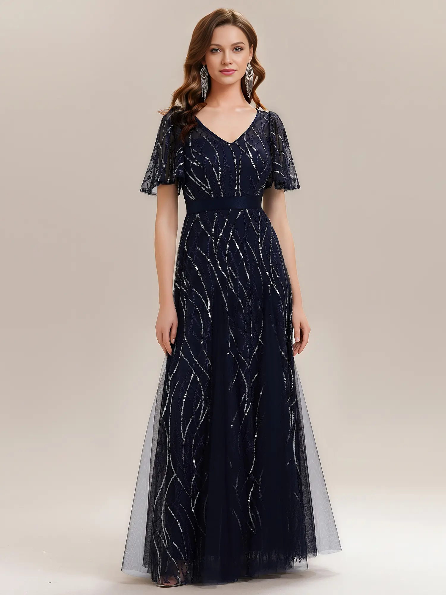 EVER PRETTY 2026 New Lady's Shortsleeve Deep V Glitter Sparkly Formal Gown - Sequin Beaded Formal Wear, Ruffled Tulle Floor-Length Skirt Dress for Evening Events, Black Tie Wedding Guests, 2664, Black Tie Wedding Guest Dress, Embellished Dress