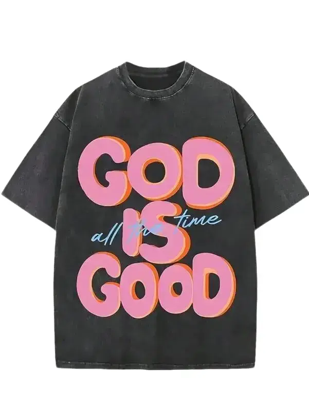 230G Washed Pure Cotton T - Shirt, Men'S Casual Fashion, With 'GOD IS GOOD All The Time' Words Print, Outdoor Sports T - Shirt |   Loose Fit |   Soft Knitted T - Shirt summerwins,summerwins