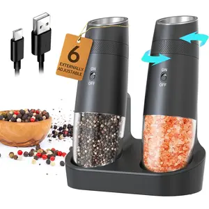 Gravity Electric Salt and Pepper  Set Automatic Shakers Upgraded Pepper Mill with Rechargeable Base, External Adjustable Coarseness, LED Light, Easy Refill for Kitchen & Outdoor