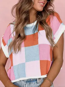 Women's Fashionable Round Neck Sleeveless Knit Vest, Colorblock Plaid Pattern, Versatile Everyday Outdoor Wear, All Seasons Casual Clothing, Knit Vest Tops