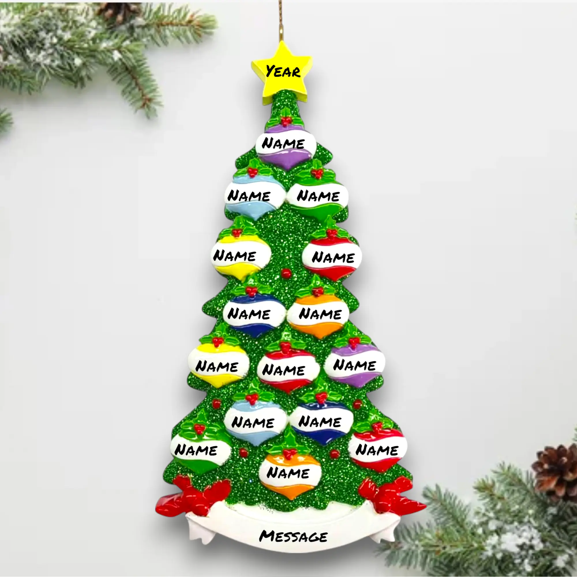 Personalized Green Glitter Tree Family of 15 Christmas Ornament – Custom Names, Year & Message – Holiday Tree Decoration – Noel Box