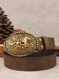 Vintage Horse Print Western PU Leather Belt, Retro Cowboy Style, Plate buckle, Adjustable Durable Belt for Rodeo and Daily Wear, Western Cowboy Belts