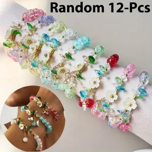 12Pcs Vibrant Women Elastic Acrylic Glass Flower Beaded Bracelet Set Charm Women Colorful Bracelets Women's Handmade Glass Flower Random Colorful Beads Chain Set