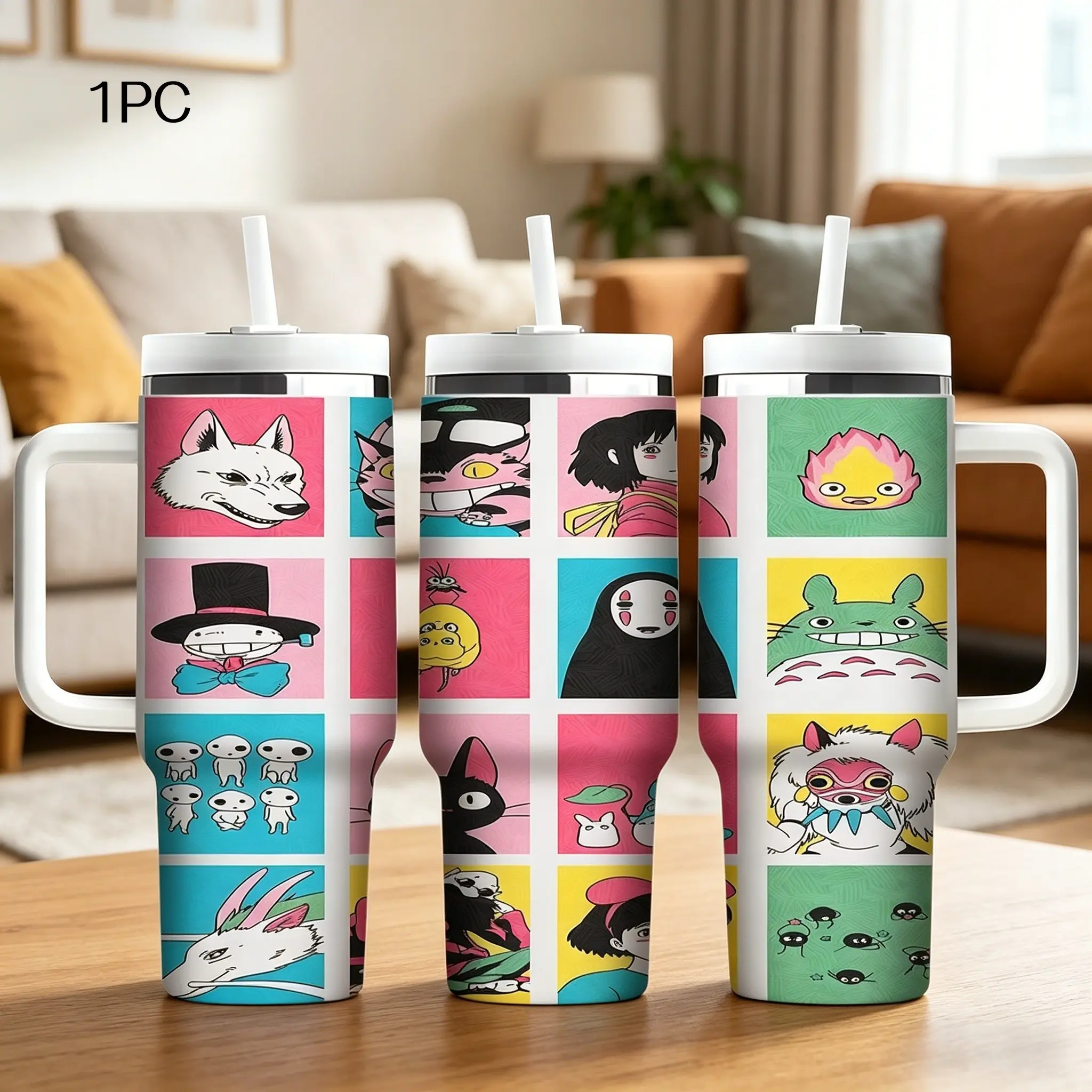 1pc 40oz Stainless Steel Insulated Mug, Miyazaki Hayao Anime Character Motif, Large Capacity, with Handle and Straw, Suitable for Outdoor Use, Gym, Indoor Use, Personalized Birthday/Holiday Gift